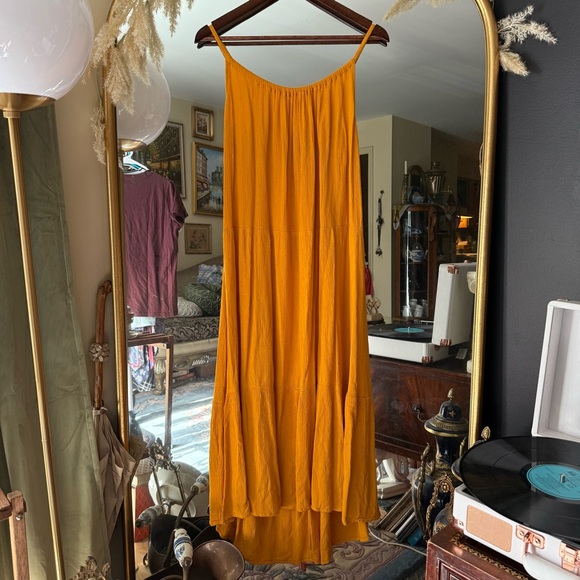 Glamour Dresses & Skirts - Glamour Mustard Yellow Flowy High Low Spaghetti Strap Maxi Dress